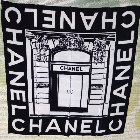 Vintage Chanel Black and White square silk Scarf store front gate - Picture 1 of 3